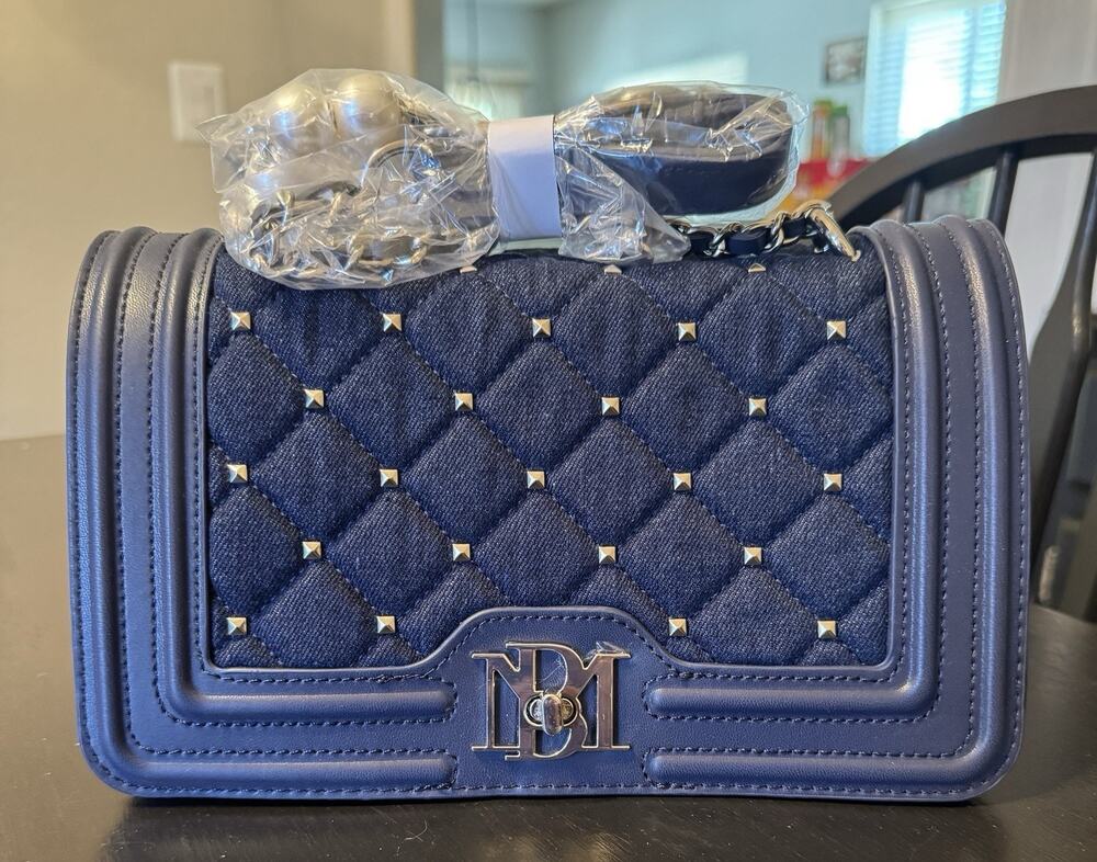 NWT Badgley Mischka Blue Denim Diamond Quilted Crossbody Bag Purse w/Faux Pearls